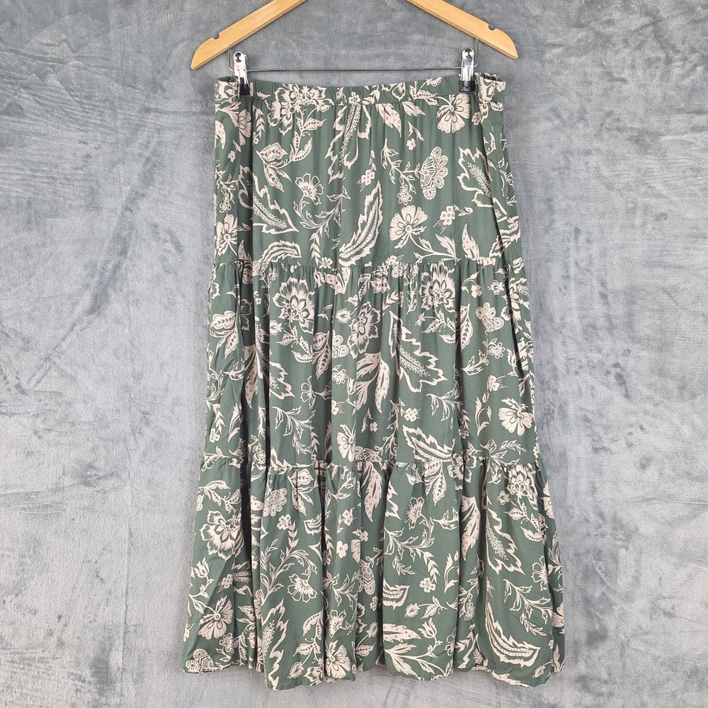 Womens Skirt XXL Green Floral Tiered Midi Boho Romantic Cottagecore Prairie